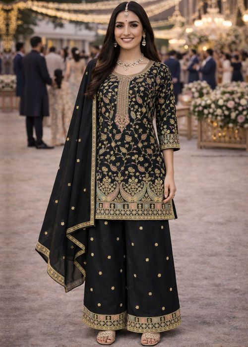 Black Chiffon Palazzo Suit With Sequin Work