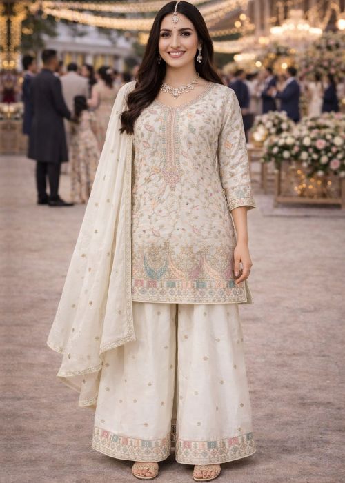 Cream Chiffon Palazzo Suit With Thread Embroidery