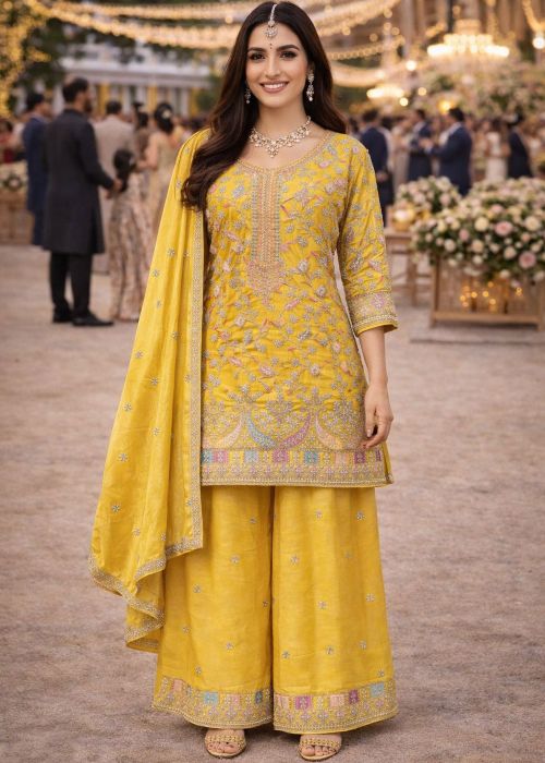 Yellow Chiffon Palazzo Suit With Sequin Embroidery