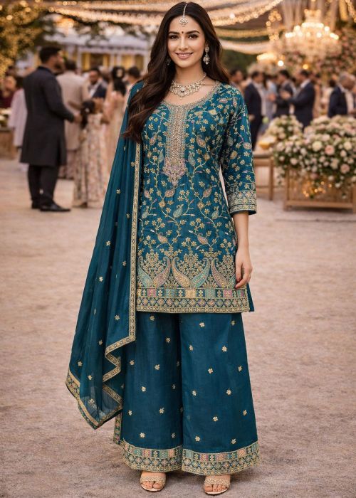 Teal Blue Chiffon Palazzo Suit With Thread Work