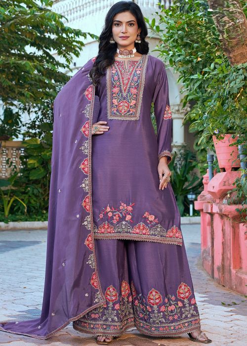 Purple Chiffon Palazzo Suit With Thread Detail