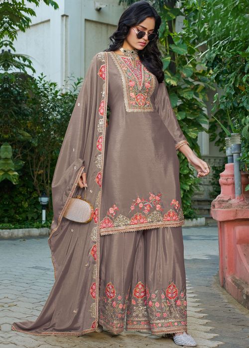 Brown Chiffon Palazzo Suit With Floral Mirror Work