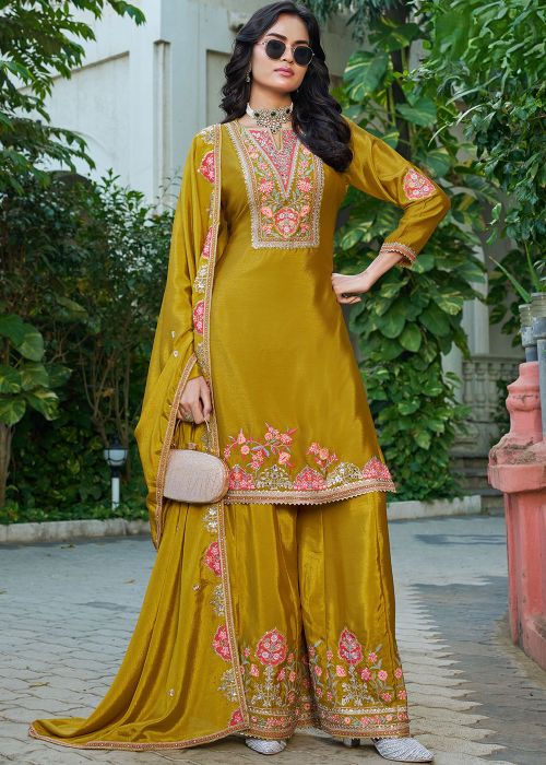 Yellow Chiffon Palazzo Suit With Beaded Work