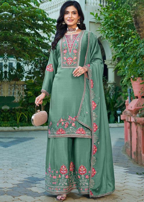 Sage Green Chiffon Palazzo Suit With Detailed Thread