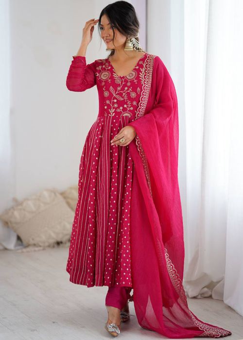 Rani Pink Art Silk Anarkali Suit With Threadwork