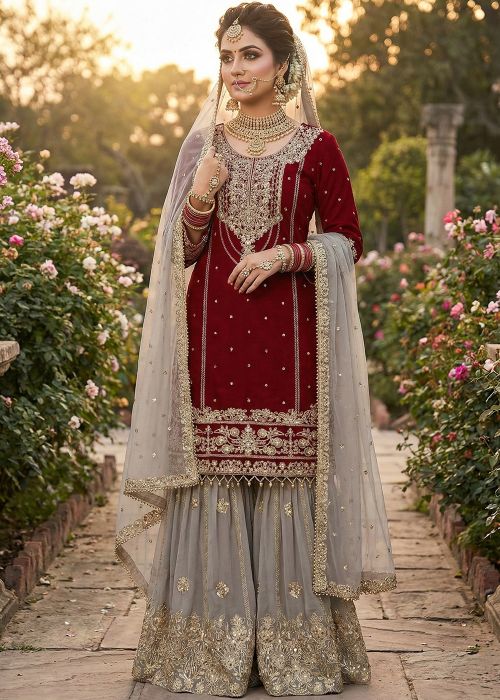 Maroon Georgette Sharara Suit With Dori Work