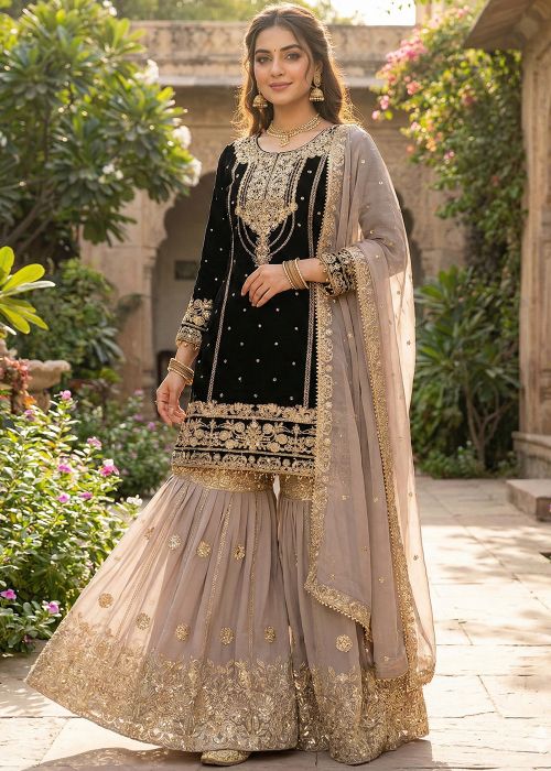 Black Georgette Sharara Suit With Sequins Detail