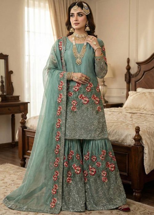 Green Tissue Sharara Suit With Resham Work