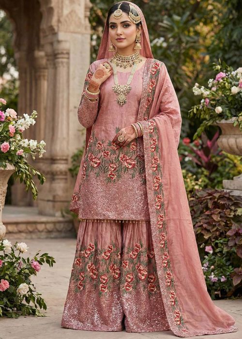 Pink Tissue Sharara Suit With Resham Detail
