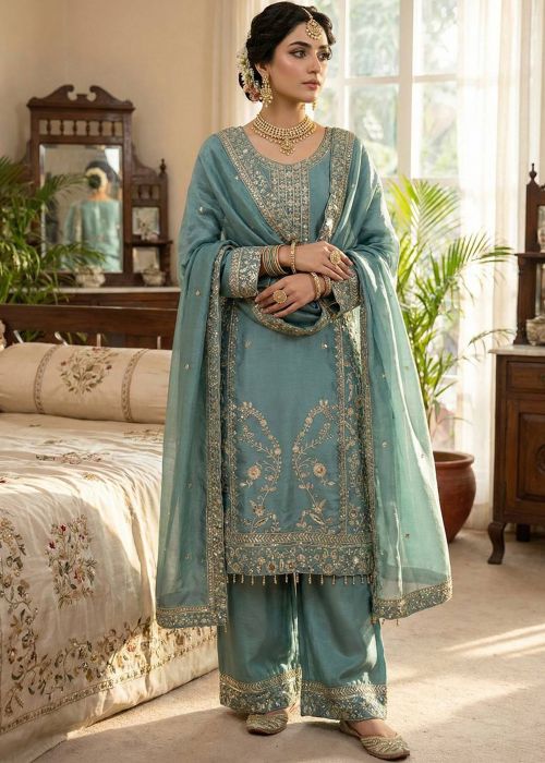 Blue Art Silk Pant Suit With Zari Work