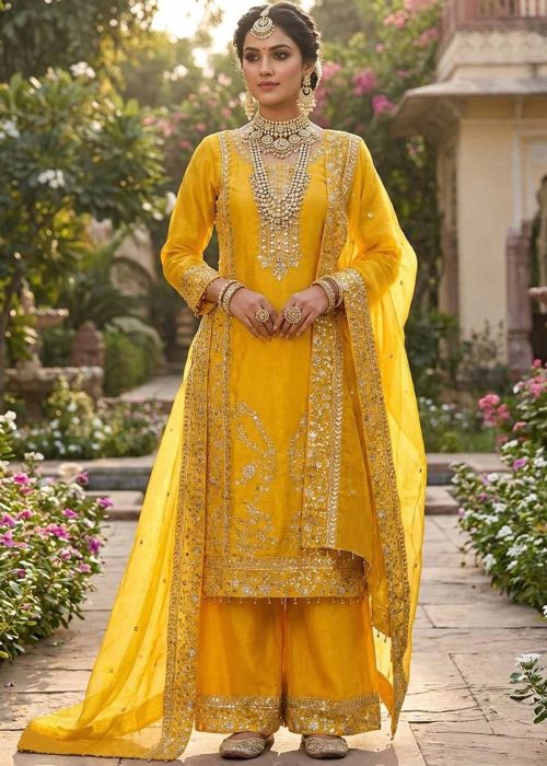 Yellow Art Silk Pant Suit With Sequins Work