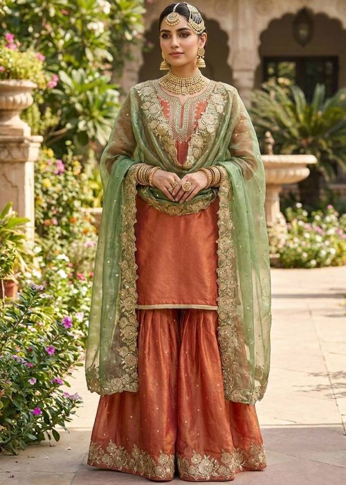 Orange Art Silk Sharara Suit With Floral Border