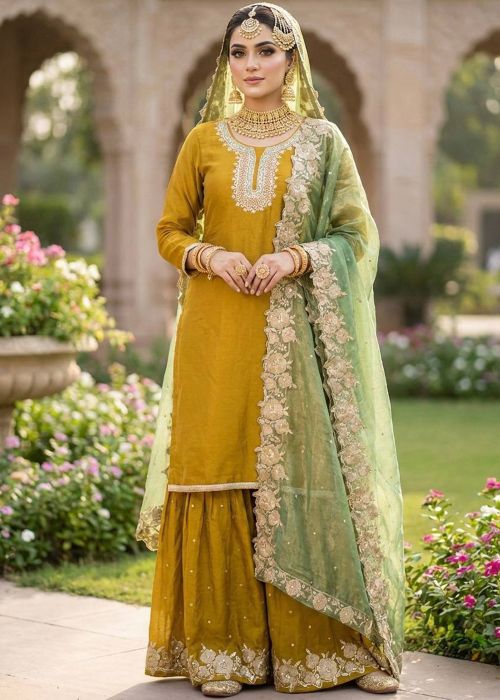 Yellow Art Silk Sharara Suit With Sequin Border