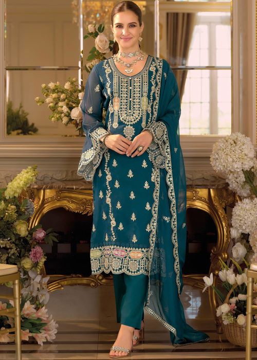 Teal Blue Chiffon Pant Suit With Sequins Work