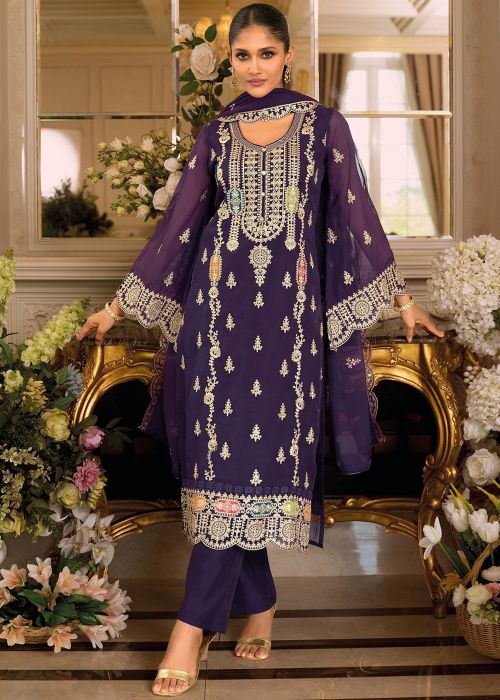 Purple Chiffon Pant Suit With Zari Accents
