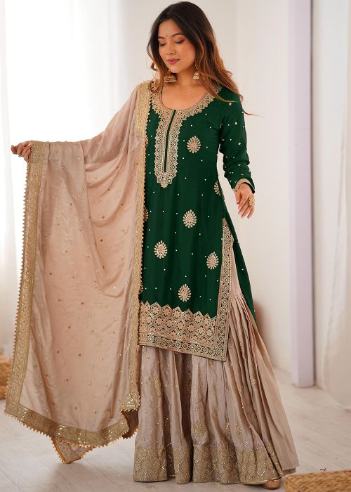 Green Chiffon Sharara Suit With Sequin Embroidery