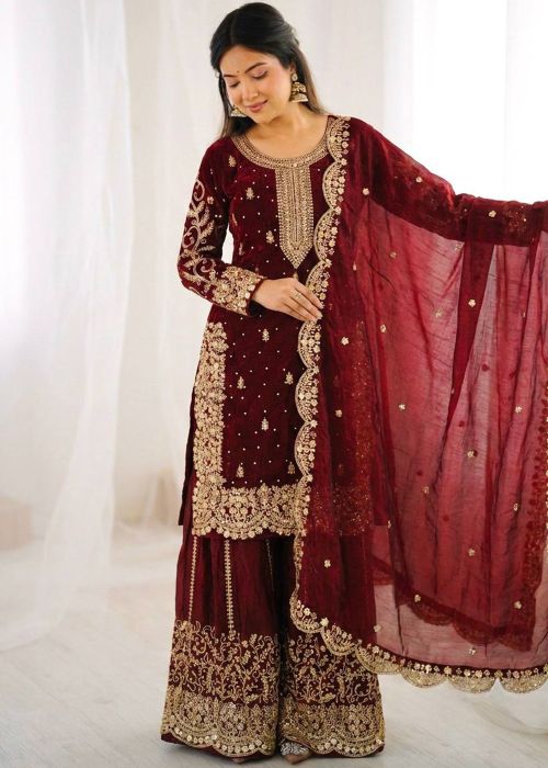 Maroon Art Silk Sharara Suit With Zari Work