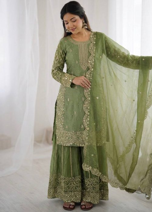 Green Art Silk Sharara Suit With Sequin Butis