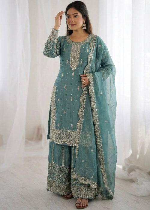 Sky Blue Art Silk Sharara Suit With Zari Border