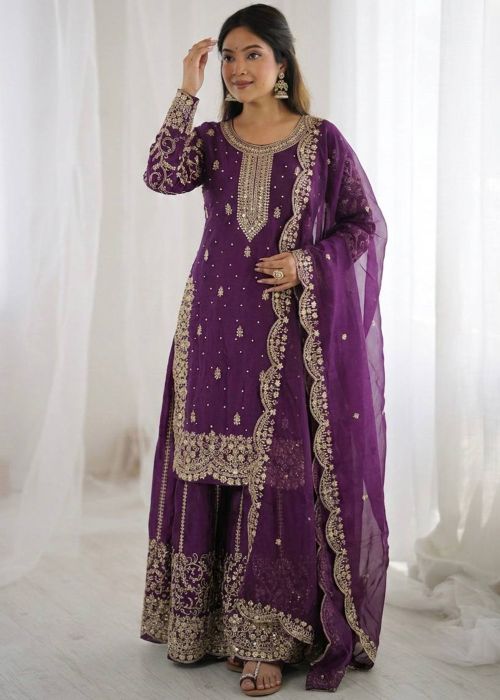 Purple Art Silk Sharara Suit With Thread Work