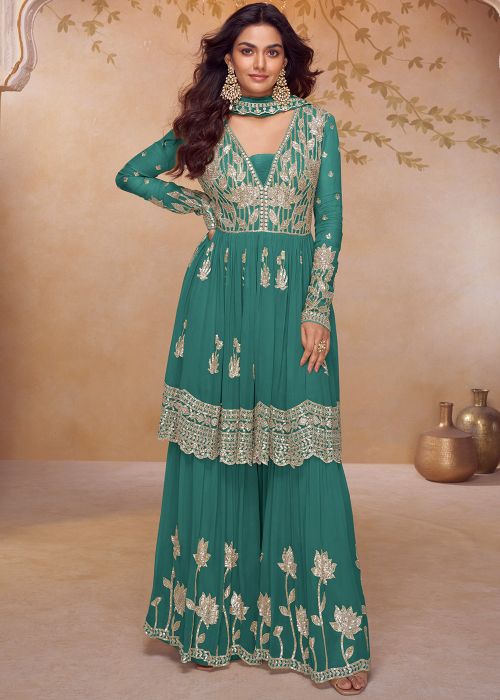 Teal Blue Chiffon Sharara Suit With Zari Work