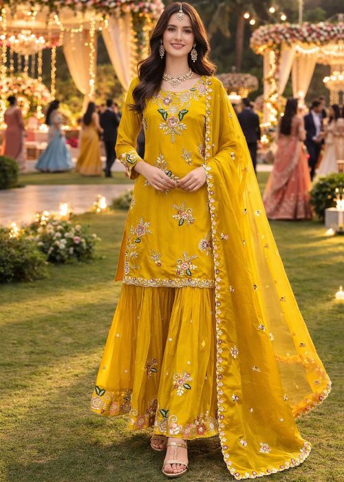 Yellow Viscose Gharara Suit With Floral Handwork