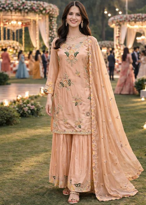 Peach Viscose Sharara Suit With Zari Handwork