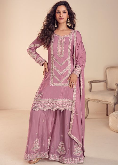 Lavender Chiffon Sharara Suit With Dori Work