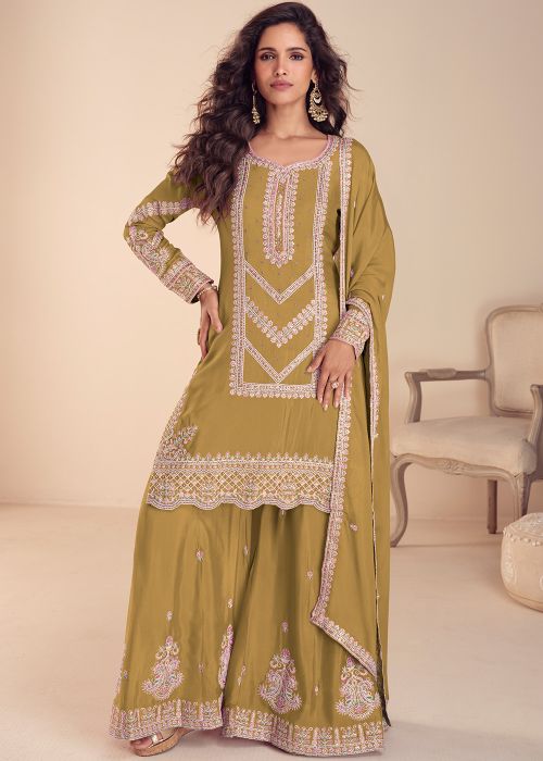Green Chiffon Sharara Suit With Sequin Work