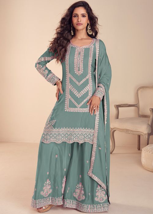Blue Chiffon Sharara Suit With Thread Work