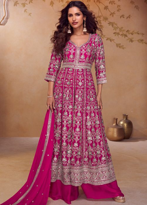 Pink Chiffon Slit Palazzo Suit With Sequin Work