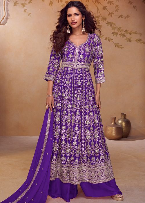 Royal Purple Chiffon Slitted Palazzo Suit With Thread Motifs