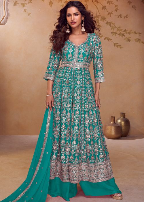 Turquoise Chiffon Slit Palazzo Suit With Threadwork