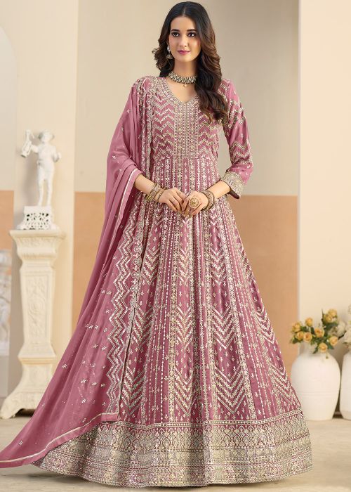 Pastel Pink Georgette Anarkali Suit With Chevron Zari