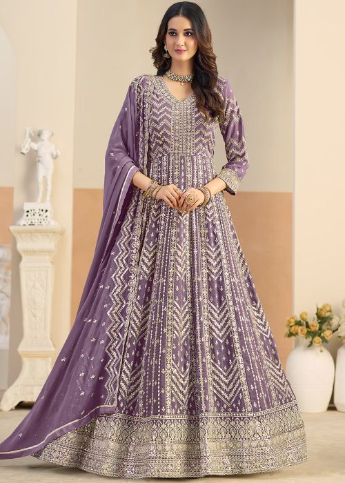 Purple Georgette Anarkali Suit With Zari Work