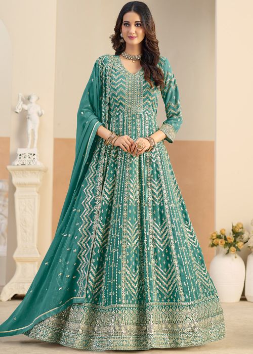 Teal Blue Georgette Anarkali Suit With Golden Zari
