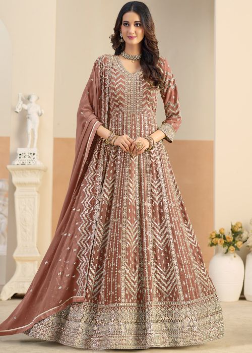 Brown Georgette Anarkali Suit With Zari Sequins