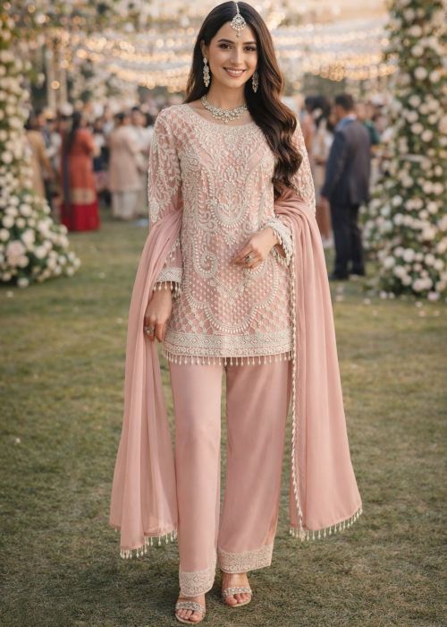 Blush Pink Georgette Pant Suit With Bead Embroidery