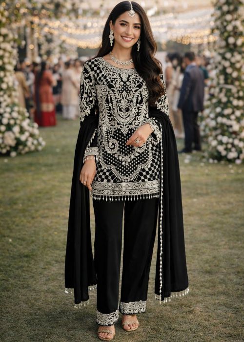 Black Georgette Pant Suit With Bead Work
