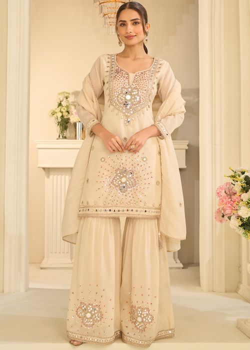 Beige Shimmer Gharara Suit With Mirror Work