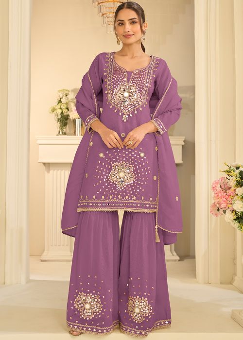 Purple Shimmer Gharara Suit With Mirror Motifs