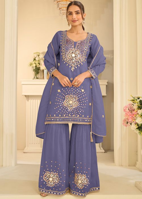 Blue Shimmer Gharara Suit With Mirror Embroidery