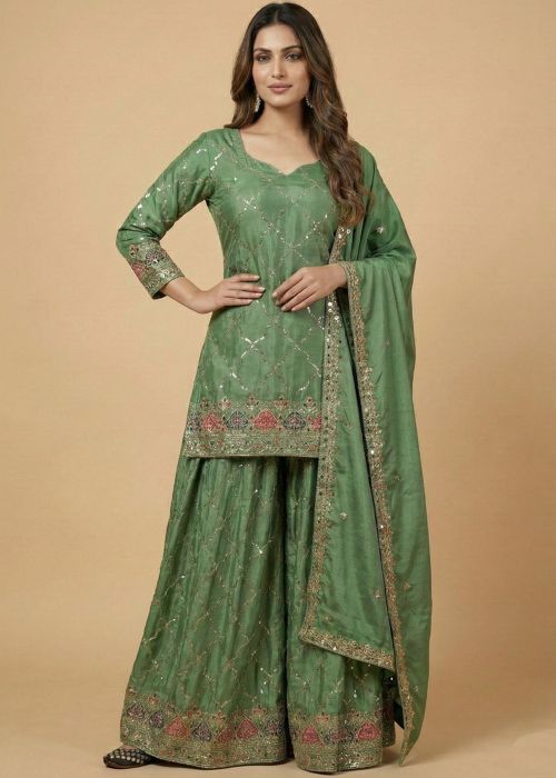 Green Chiffon Palazzo Suit With Sequin Jaal