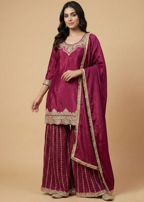 Magenta Chiffon Sharara Suit With Border Embroidery