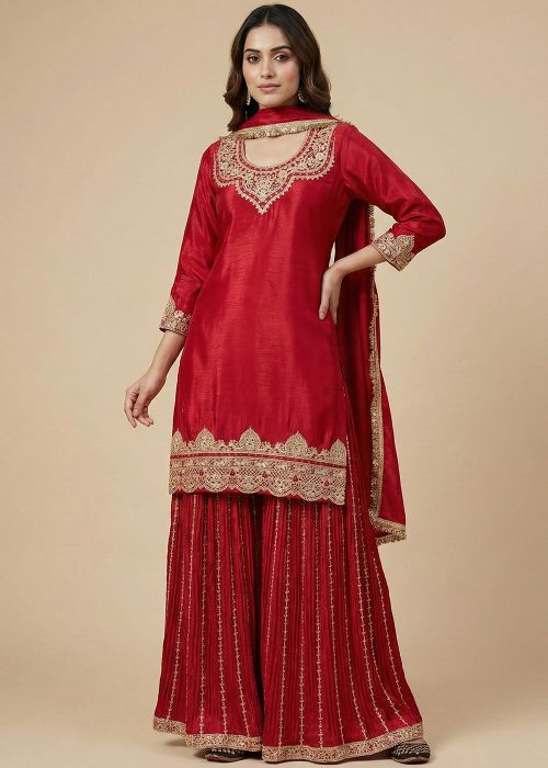 Red Chiffon Sharara Suit With Gold Thread Work