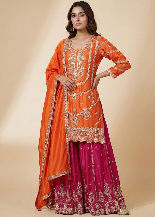 Orange Chiffon Sharara Suit With Silver Embroidery