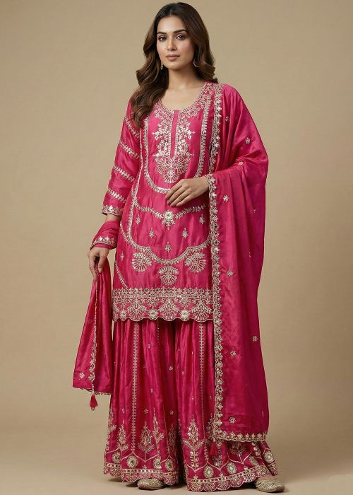 Rani Pink Chiffon Sharara Suit With Sequin Work