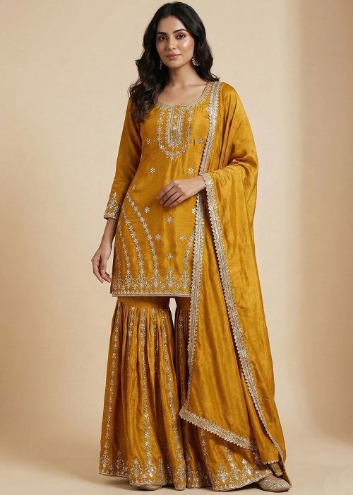 Yellow Chiffon Gharara Suit With Thread Work