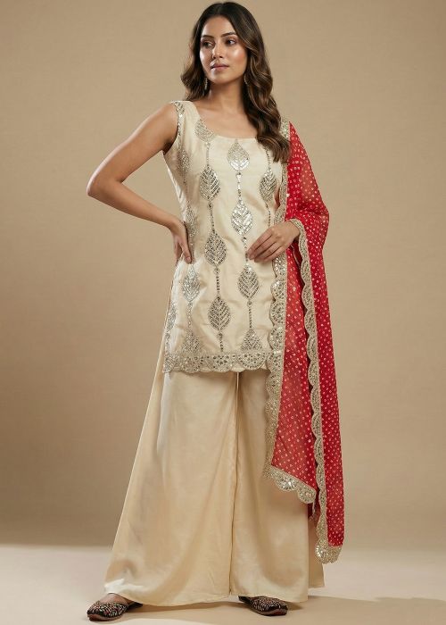 Cream Crape Palazzo Suit With Red Dupatta
