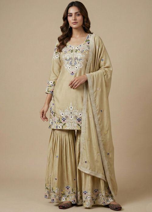 Cream Crape Gharara Suit With Floral Embroidery